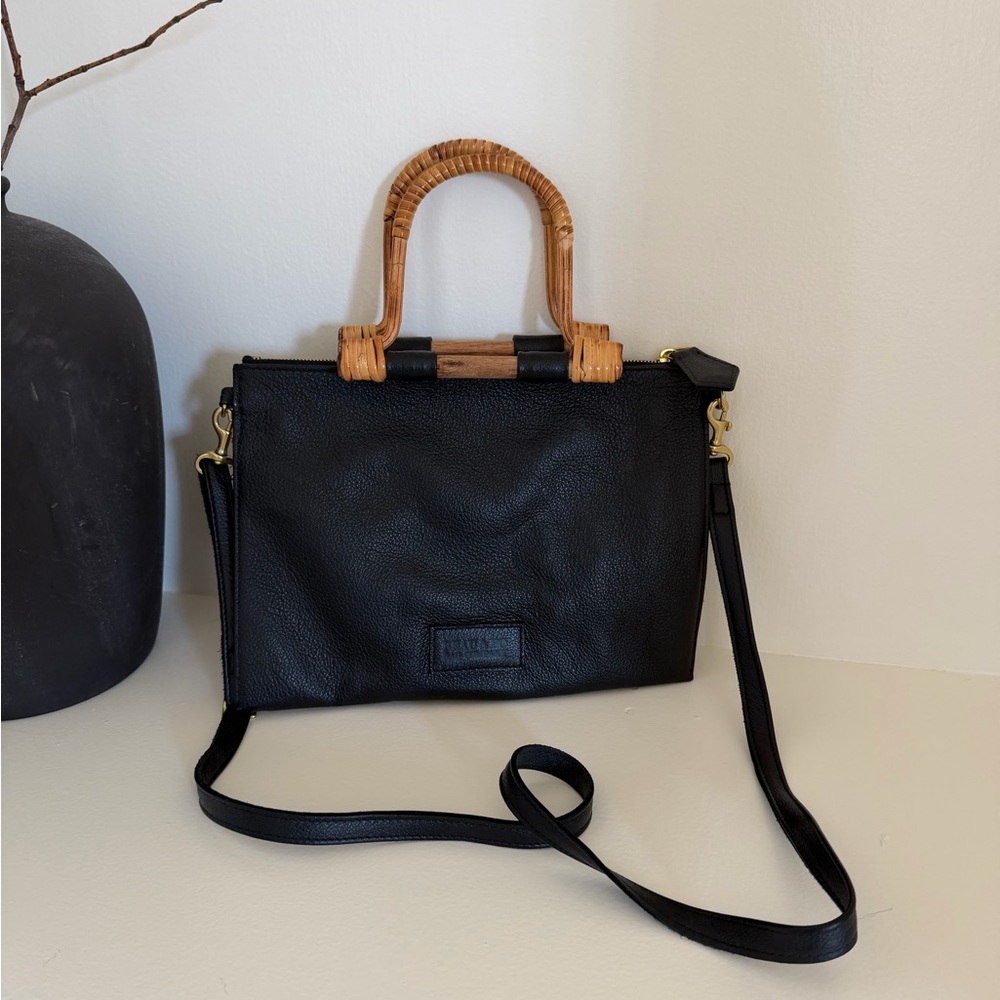 Chic Black Crossbody Bag with Bamboo Handle